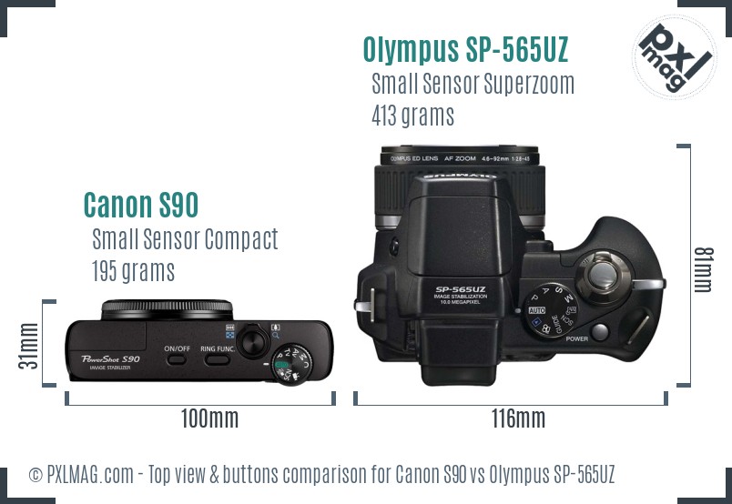 Canon S90 vs Olympus SP-565UZ top view buttons comparison