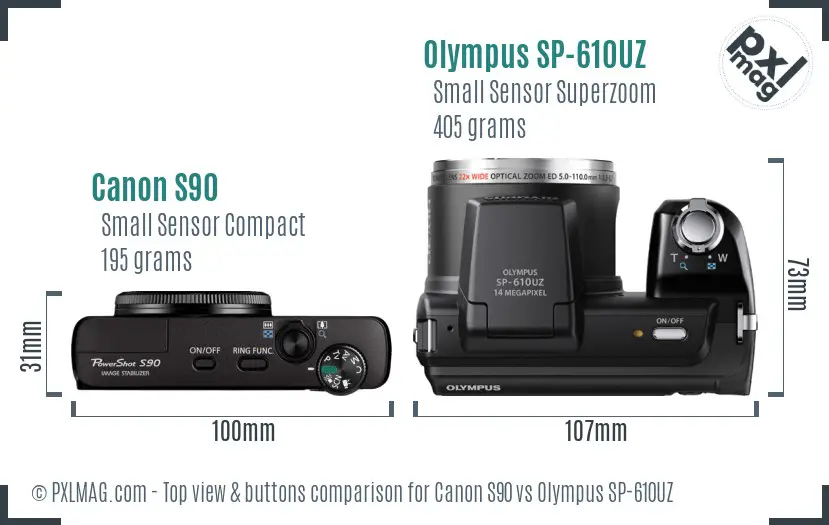 Canon S90 vs Olympus SP-610UZ top view buttons comparison