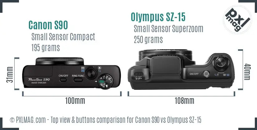 Canon S90 vs Olympus SZ-15 top view buttons comparison Canon S90 vs Olympus SZ-15 top view buttons comparison