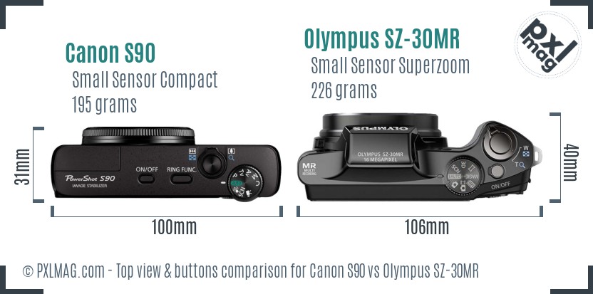 Canon S90 vs Olympus SZ-30MR top view buttons comparison