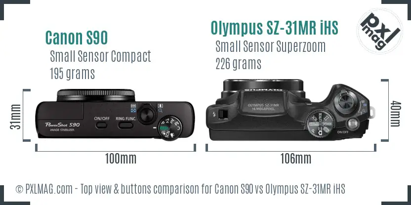 Canon S90 vs Olympus SZ-31MR iHS top view buttons comparison