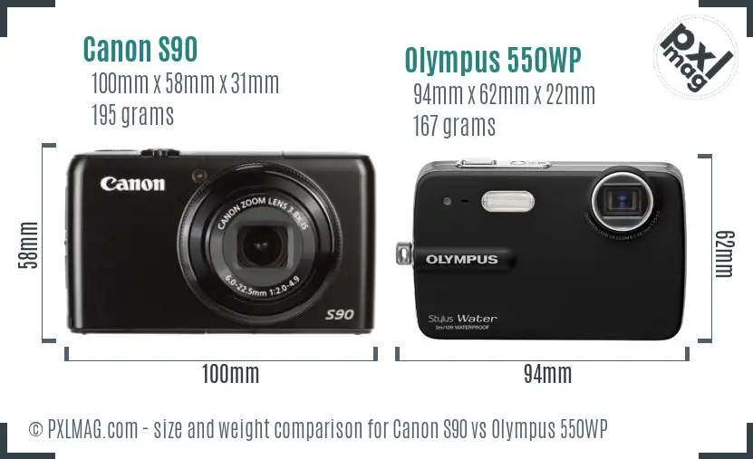 Canon S90 vs Olympus 550WP size comparison