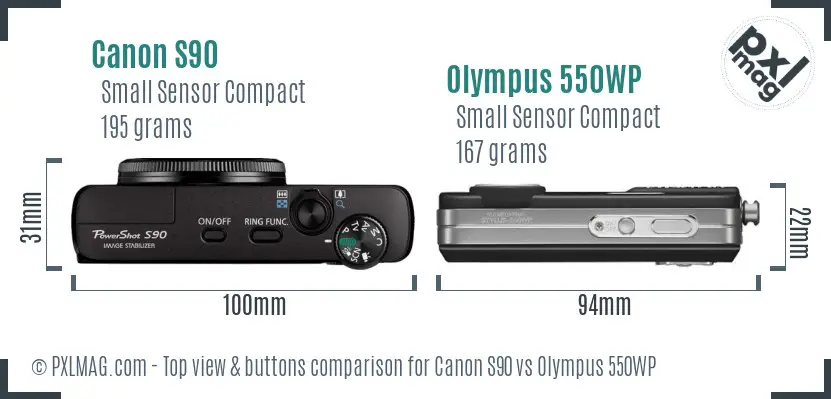 Canon S90 vs Olympus 550WP top view buttons comparison