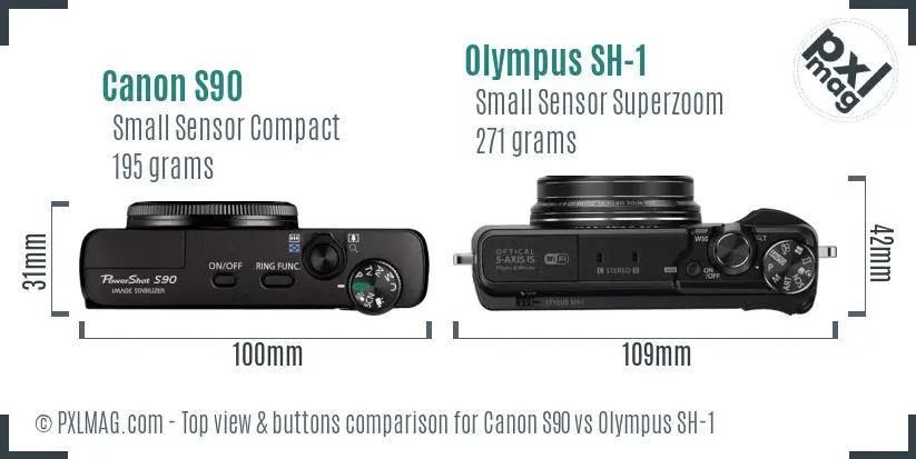 Canon S90 vs Olympus SH-1 top view buttons comparison