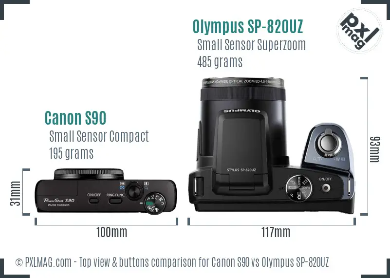 Canon S90 vs Olympus SP-820UZ top view buttons comparison Canon S90 vs Olympus SP-820UZ top view buttons comparison
