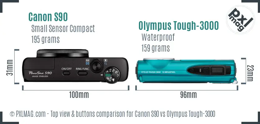 Canon S90 vs Olympus Tough-3000 top view buttons comparison
