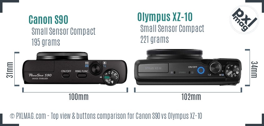 Canon S90 vs Olympus XZ-10 top view buttons comparison