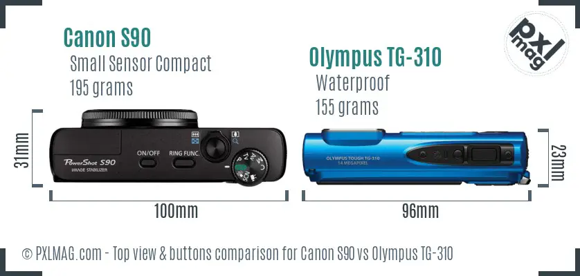 Canon S90 vs Olympus TG-310 top view buttons comparison Canon S90 vs Olympus TG-310 top view buttons comparison