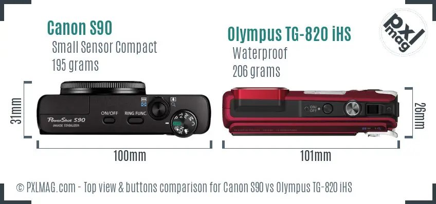Canon S90 vs Olympus TG-820 iHS top view buttons comparison