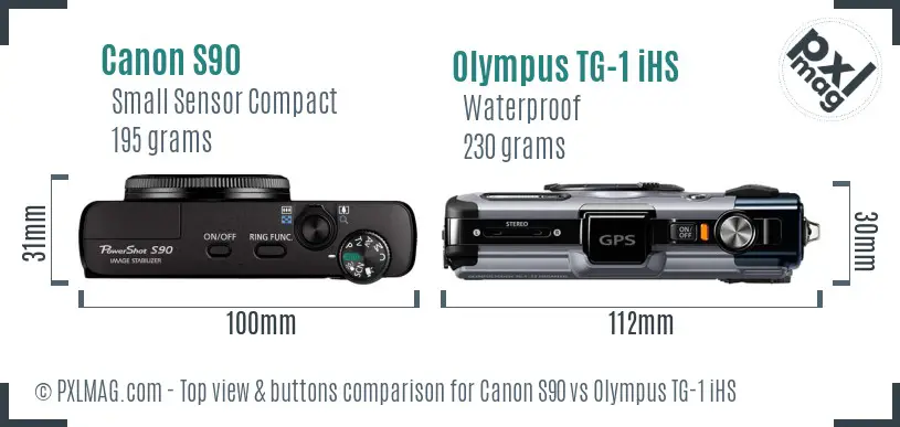 Canon S90 vs Olympus TG-1 iHS top view buttons comparison Canon S90 vs Olympus TG-1 iHS top view buttons comparison