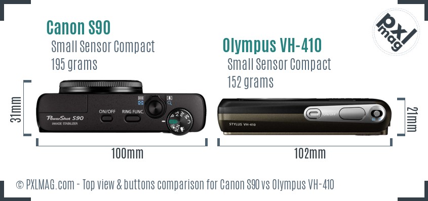 Canon S90 vs Olympus VH-410 top view buttons comparison
