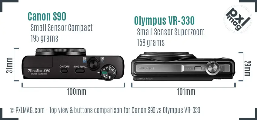 Canon S90 vs Olympus VR-330 top view buttons comparison