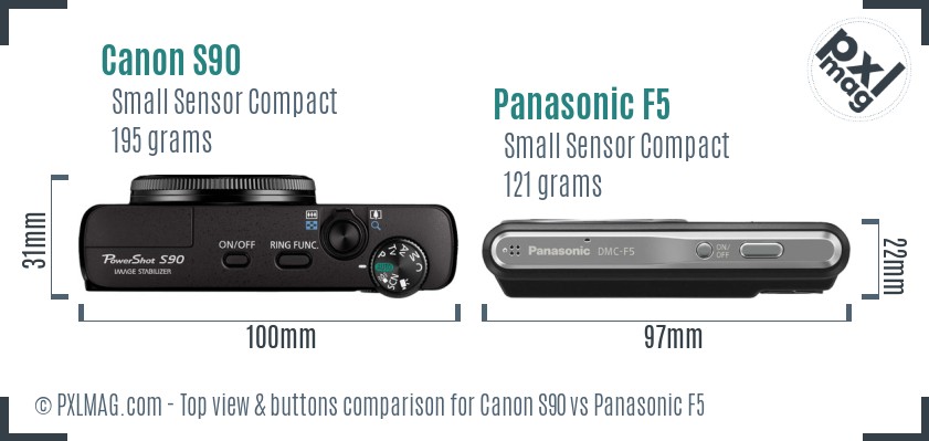 Canon S90 vs Panasonic F5 top view buttons comparison