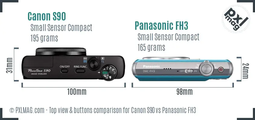 Canon S90 vs Panasonic FH3 top view buttons comparison
