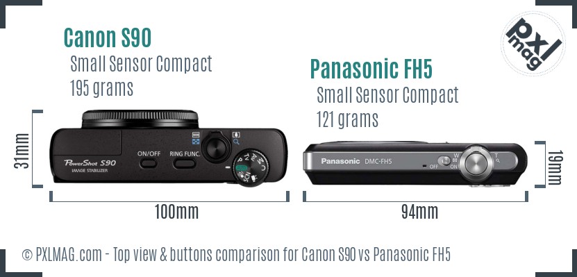 Canon S90 vs Panasonic FH5 top view buttons comparison