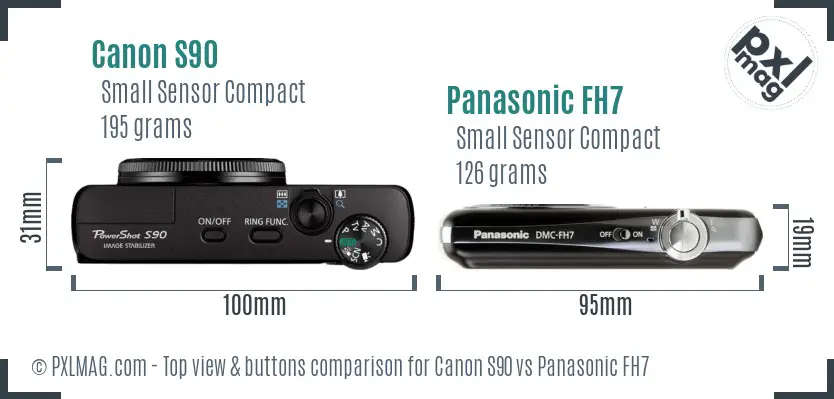 Canon S90 vs Panasonic FH7 top view buttons comparison Canon S90 vs Panasonic FH7 top view buttons comparison