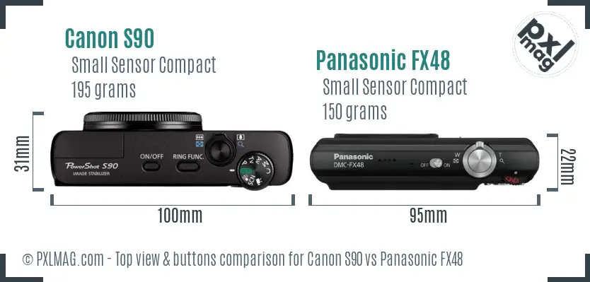 Canon S90 vs Panasonic FX48 top view buttons comparison Canon S90 vs Panasonic FX48 top view buttons comparison