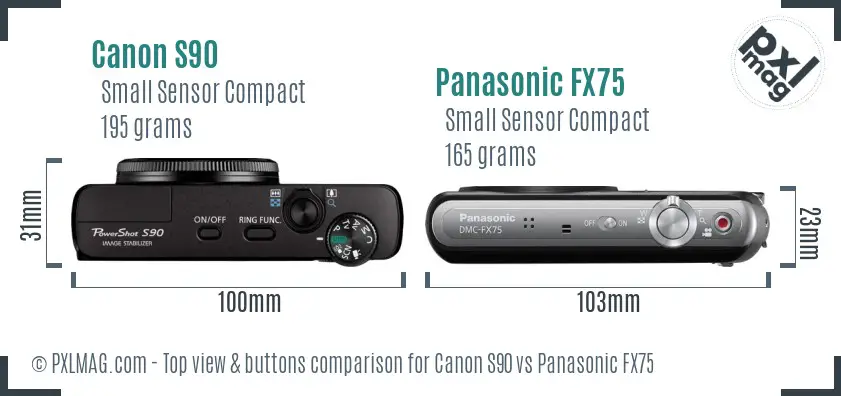 Canon S90 vs Panasonic FX75 top view buttons comparison