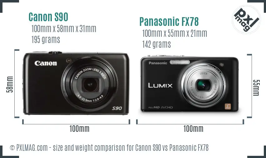 Canon S90 vs Panasonic FX78 size comparison