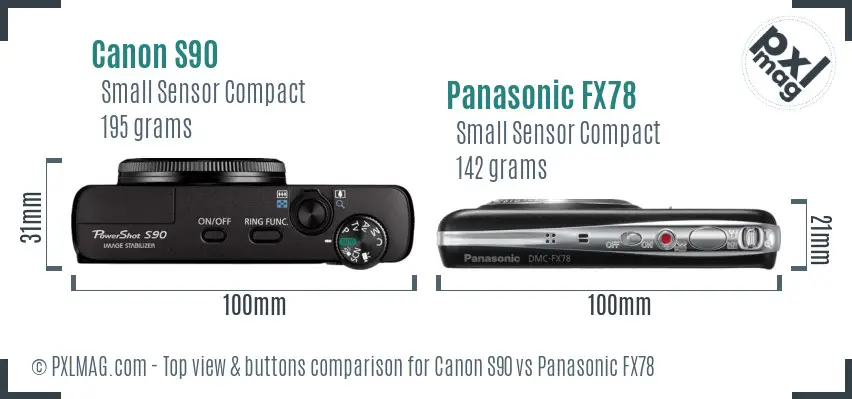 Canon S90 vs Panasonic FX78 top view buttons comparison