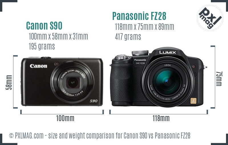 Canon S90 vs Panasonic FZ28 size comparison