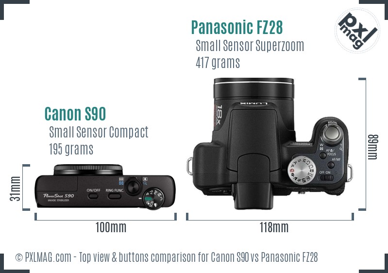 Canon S90 vs Panasonic FZ28 top view buttons comparison
