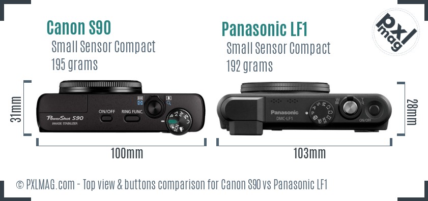 Canon S90 vs Panasonic LF1 top view buttons comparison