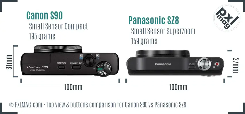 Canon S90 vs Panasonic SZ8 top view buttons comparison