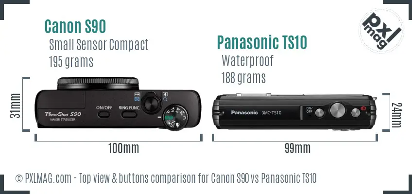 Canon S90 vs Panasonic TS10 top view buttons comparison