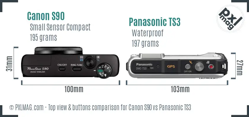 Canon S90 vs Panasonic TS3 top view buttons comparison