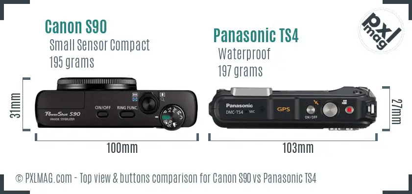 Canon S90 vs Panasonic TS4 top view buttons comparison