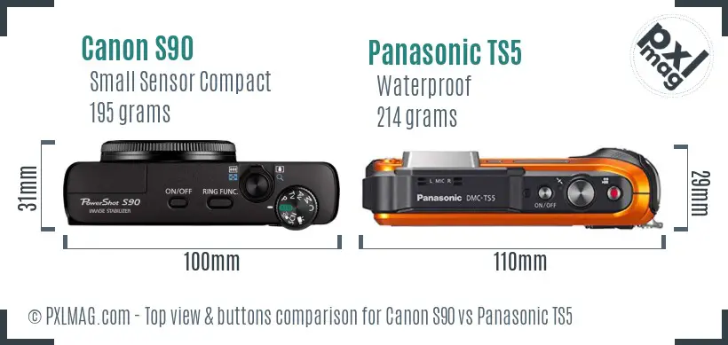 Canon S90 vs Panasonic TS5 top view buttons comparison Canon S90 vs Panasonic TS5 top view buttons comparison