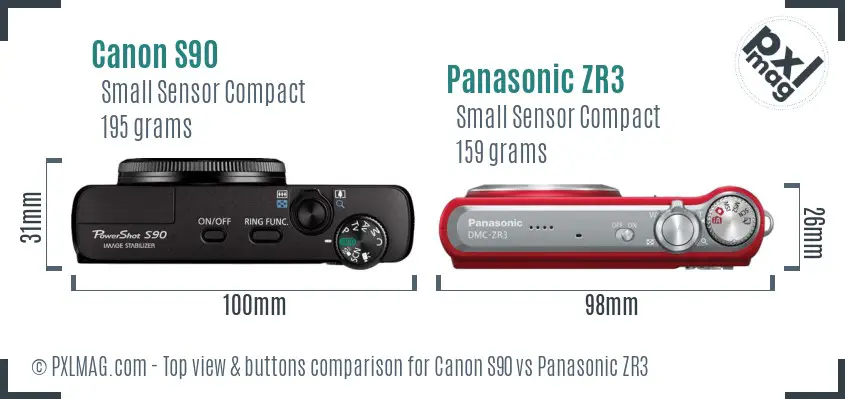 Canon S90 vs Panasonic ZR3 top view buttons comparison