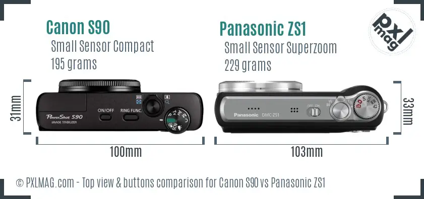 Canon S90 vs Panasonic ZS1 top view buttons comparison