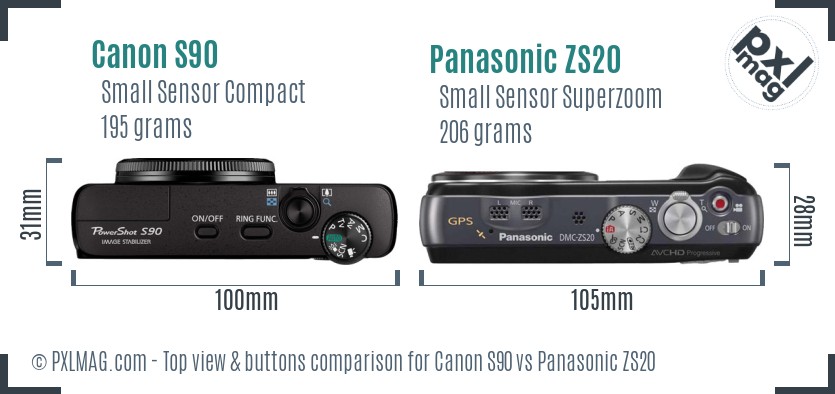 Canon S90 vs Panasonic ZS20 top view buttons comparison