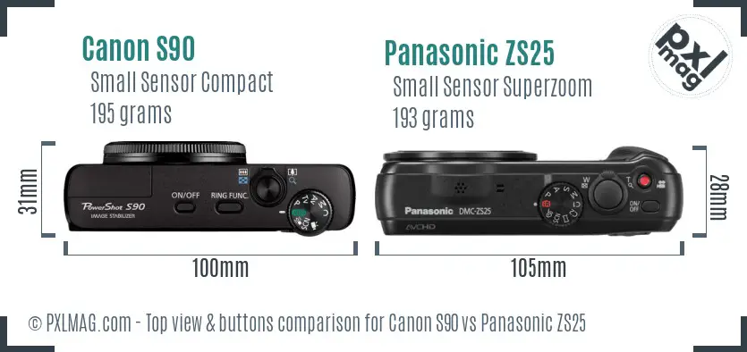 Canon S90 vs Panasonic ZS25 top view buttons comparison