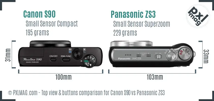 Canon S90 vs Panasonic ZS3 top view buttons comparison Canon S90 vs Panasonic ZS3 top view buttons comparison