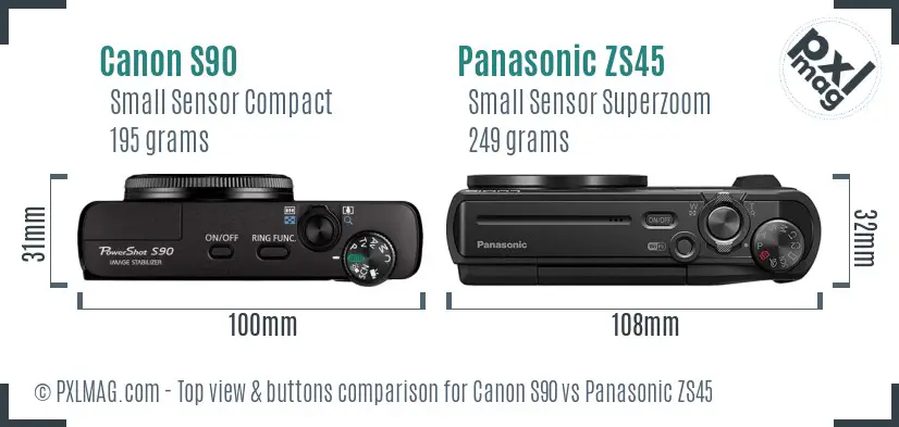 Canon S90 vs Panasonic ZS45 top view buttons comparison Canon S90 vs Panasonic ZS45 top view buttons comparison