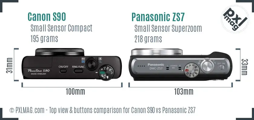 Canon S90 vs Panasonic ZS7 top view buttons comparison