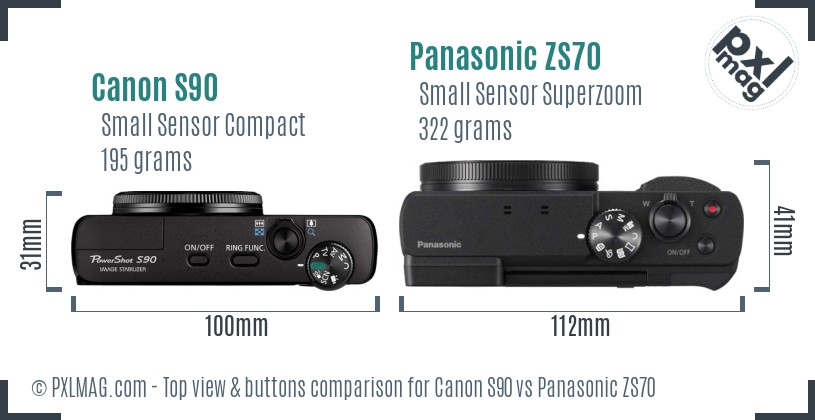 Canon S90 vs Panasonic ZS70 top view buttons comparison