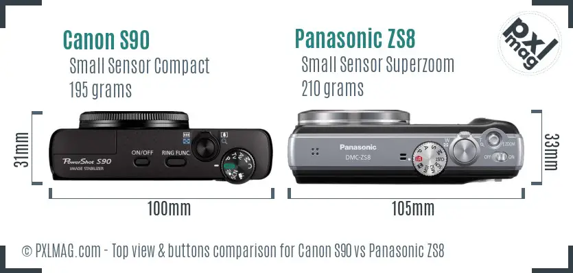 Canon S90 vs Panasonic ZS8 top view buttons comparison
