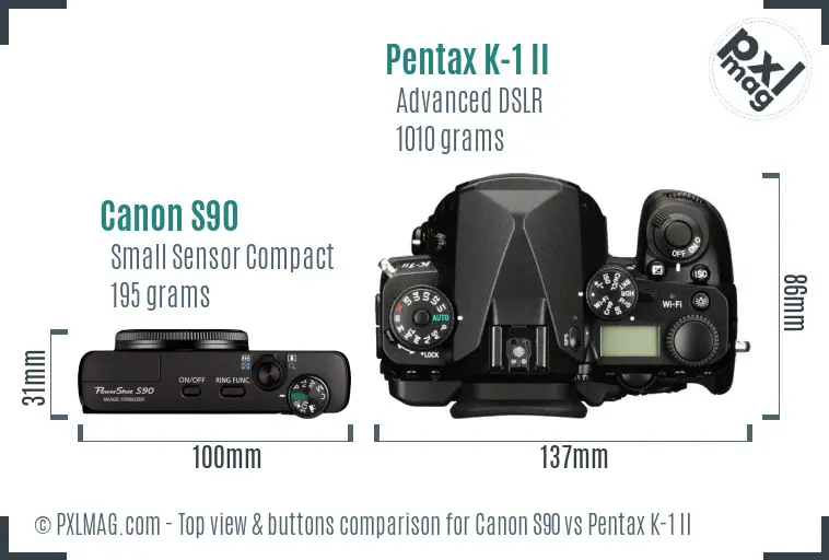 Canon S90 vs Pentax K-1 II top view buttons comparison