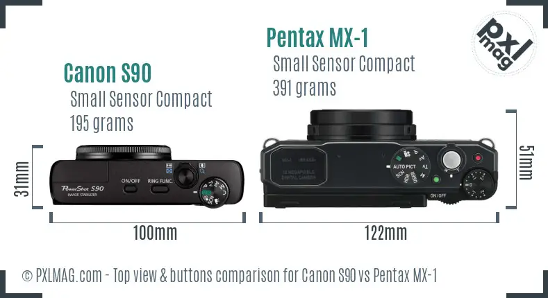 Canon S90 vs Pentax MX-1 top view buttons comparison