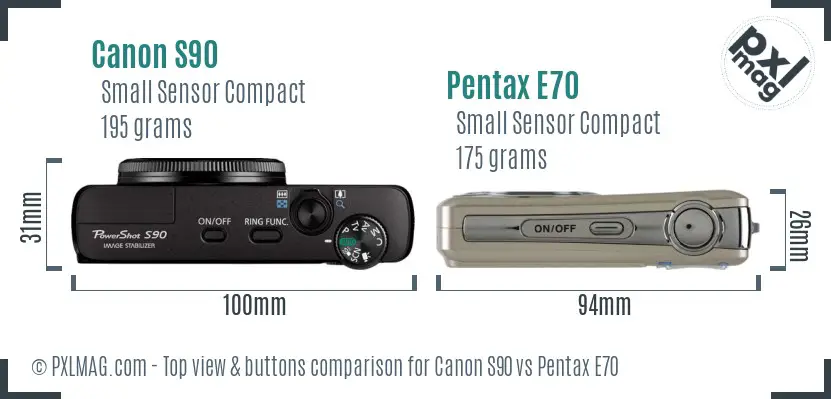 Canon S90 vs Pentax E70 top view buttons comparison Canon S90 vs Pentax E70 top view buttons comparison