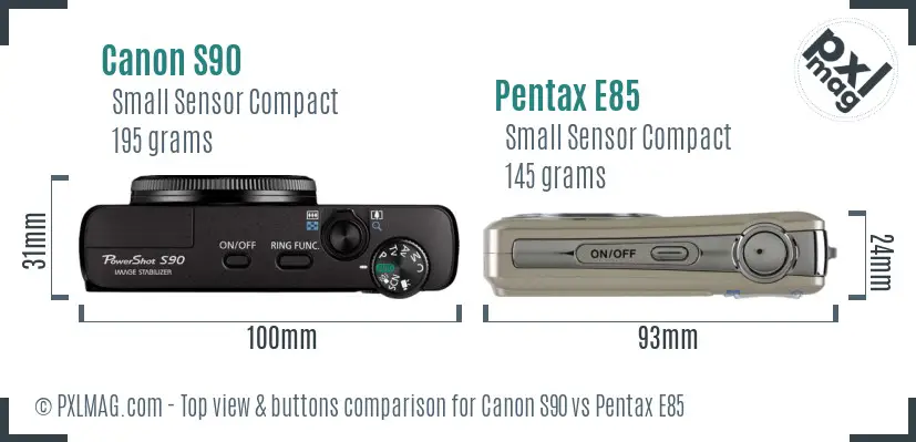 Canon S90 vs Pentax E85 top view buttons comparison