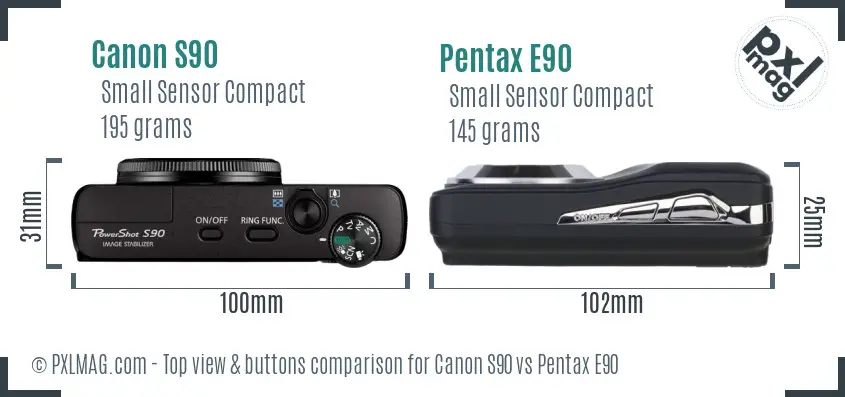Canon S90 vs Pentax E90 top view buttons comparison