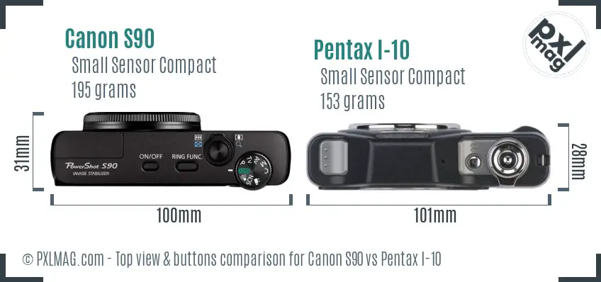Canon S90 vs Pentax I-10 top view buttons comparison Canon S90 vs Pentax I-10 top view buttons comparison