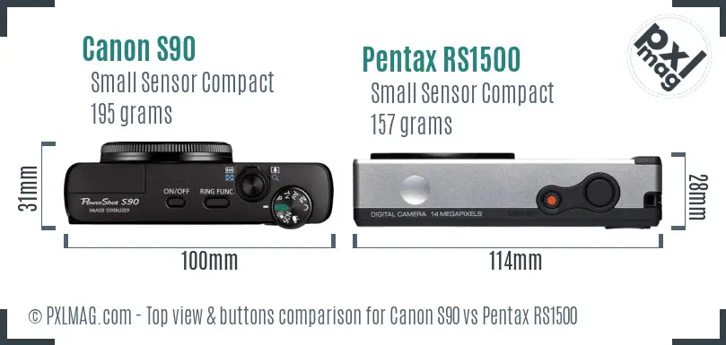 Canon S90 vs Pentax RS1500 top view buttons comparison