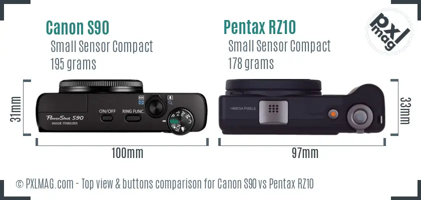 Canon S90 vs Pentax RZ10 top view buttons comparison Canon S90 vs Pentax RZ10 top view buttons comparison