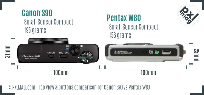 Canon S90 vs Pentax W80 top view buttons comparison Canon S90 vs Pentax W80 top view buttons comparison
